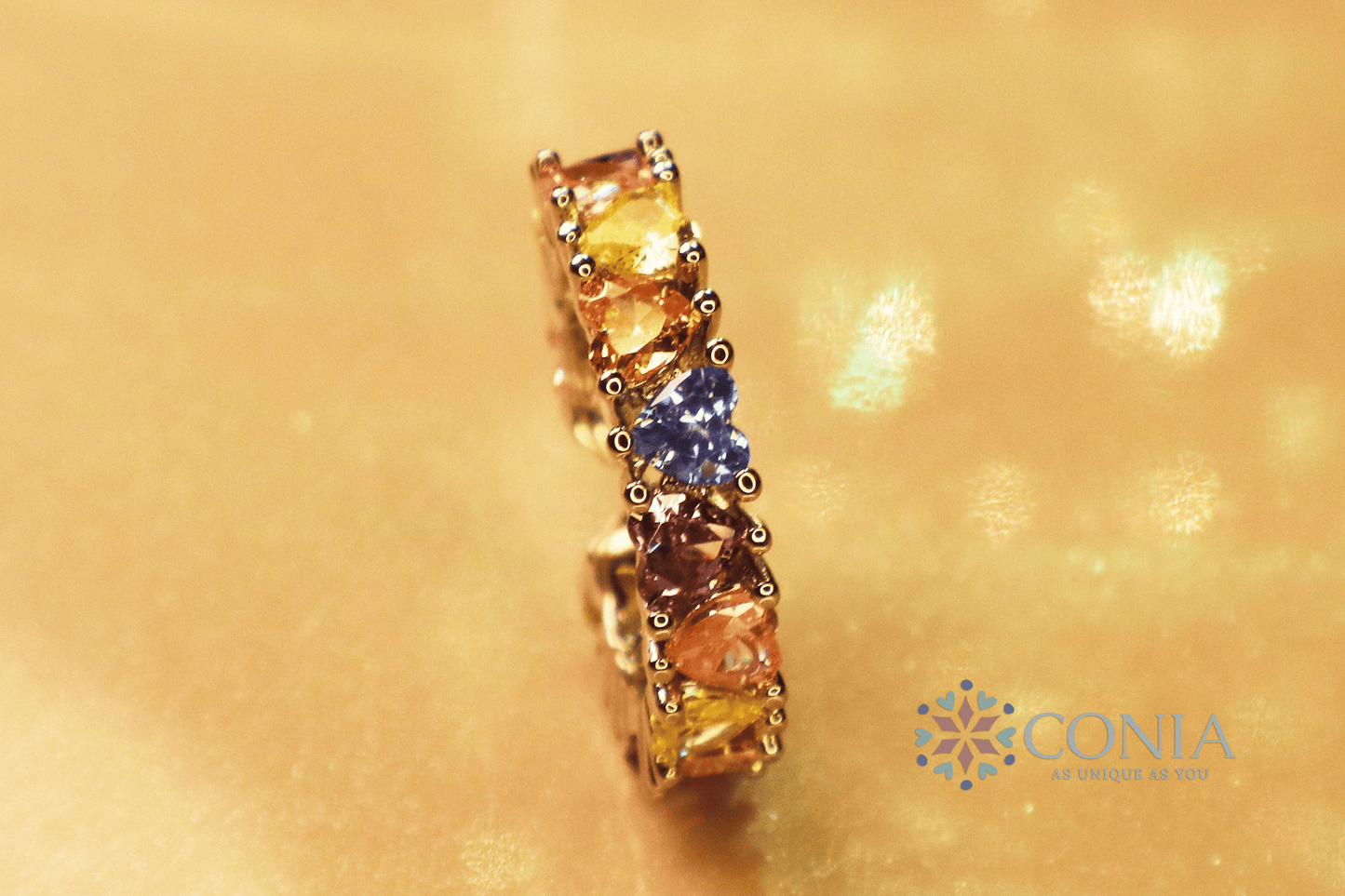 Rainbow Little Heart Multi-Color Silver Crystal Adjustable Ring (Anti-Tarnish)