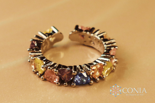 Rainbow Little Heart Multi-Color Silver Crystal Adjustable Ring (Anti-Tarnish)