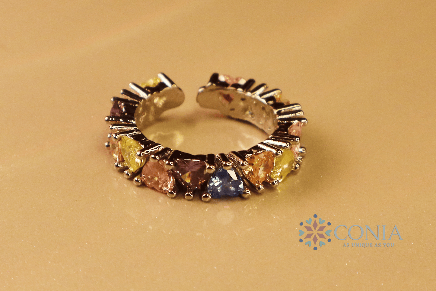 Rainbow Little Heart Multi-Color Silver Crystal Adjustable Ring (Anti-Tarnish)