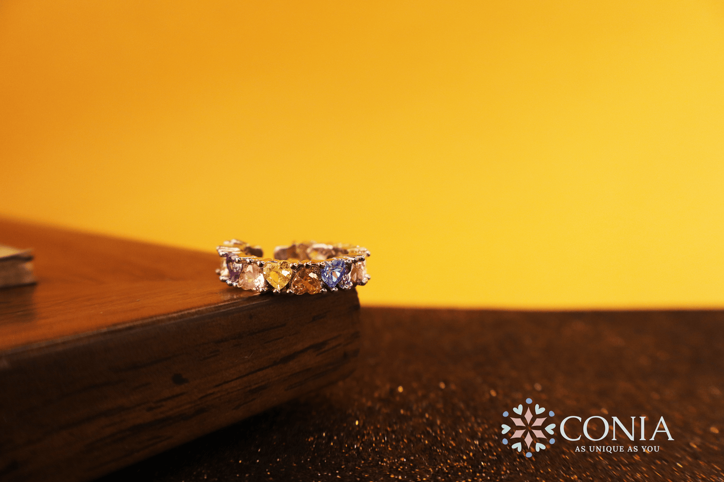 Rainbow Little Heart Multi-Color Silver Crystal Adjustable Ring (Anti-Tarnish)