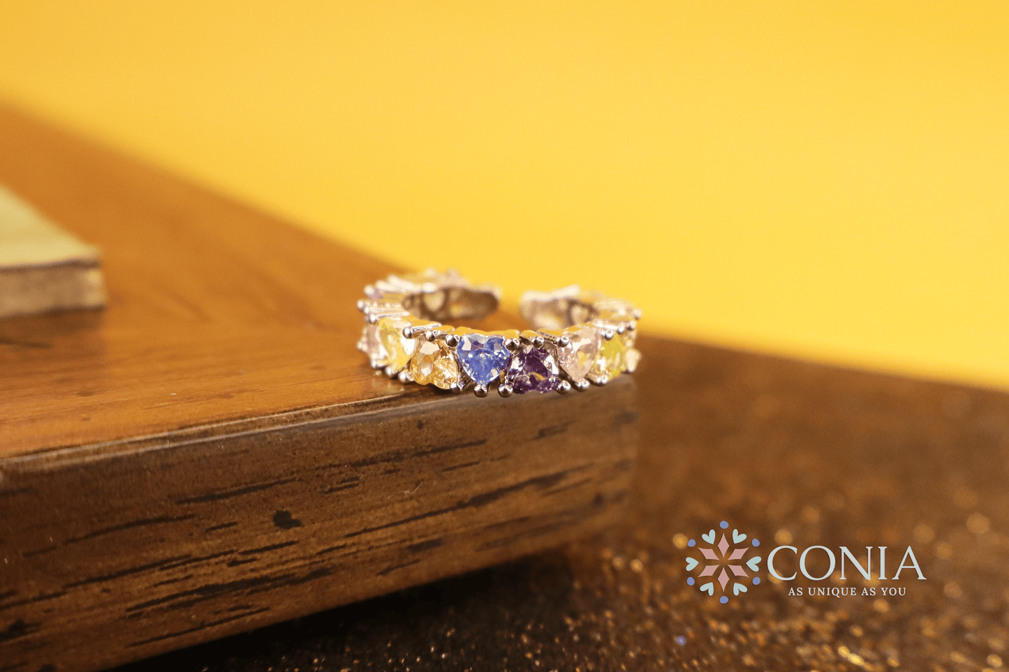 Rainbow Little Heart Multi-Color Silver Crystal Adjustable Ring (Anti-Tarnish)